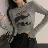 Casual Slim T-shirt For Women O Neck Long Sleeve Sexy Crop Top Grunge Letters Print Female Korean Fashion Clothing