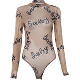 Summer Sexy Letter Print Transparent Mesh Bodysuits Long Sleeve See Through Baby Bodycon Rompers Women
