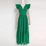TWOTWINSTYLE Vintage Cut Out Midi Dress For Women V Neck Flying Sleeve High Waist Solid Midi Long Dresses Female Clothing
