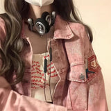 Spliced Denim Jacket Girl Spring And Autumn Loose Design Sense Small Casual Pink Workwear