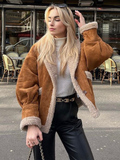 2022 Women Winter Faux Shearling Sheepskin Fake Leather Jackets Lady Thick Warm Suede Lambs Short Motorcycle Brown