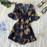 Ruffled Women Playsuits Elastic High Waist Bow Female Jumpsuit Romper Butterfly Sleeve Short Overalls for