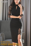 Office Women Bodycon Dress Lady Formal Sexy Lace Perspective Black Hollow Folds Slit Slim Party Club Robe Femme