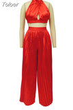 Spring Summer Two Piece Pant Suits Sexy Off The Shoulder Backless Crop Top and High Waist Pleated Wide Leg Long Trouser