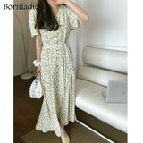 Summer Dress Soft V-neck Floral Print Ladies Midi Dress Short Sleeve Lace-up Belt Waist Female Dress Green