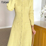 Chic Tweed Dress Women 2023 Winter Single-breasted O-neck Wool Vestido Elegant Long Sleeve Vintage Clothing