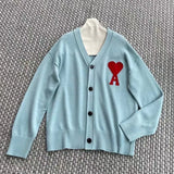2022 Korean Style Men And Women Red Heart Love Letter A Knitted Cardigan Loose Long-Sleeved Sweater V-Neck Coat Unisex