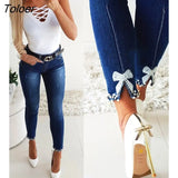 Women's Jeans Slim Fit Leg Length Butterfly Sticky Flower Beaded Denim Pencil Pants Fashion Sexy Hip Lift Trousers