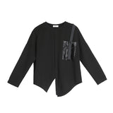 Women Black Buckle Stitch Big Size Asymmetrical T-shirt New Round Neck Long Sleeve Fashion Tide Spring Autumn
