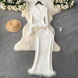 High-End Small Fragrant Style Two Sets Of Women's Atmosphere Knitted Open Fork Shirt