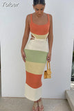 Fashion Women's Dress Round Neck Sleeveless Backless Bandage Hollow Out Waist Striped Knit Dresses Summer 2023 New