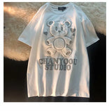 T-Shirt Kawaii Bear Flocking Pattern Cute Casual Loose T-Shirt Round Neck Summer Harajuku Street Couple