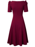 Vintage Square Collar Short Sleeves Solid A-line Midi