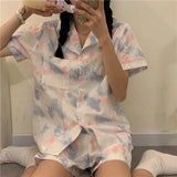 Sets Women Plaid Classic Retro Turn Down Collar Short Sleeve Loose Preppy Style Cozy Students Sleepwear Home Female