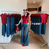 Blue Hanging Horn Jeans Women Spring And Autumn Small High-Waisted Loose Broad Legs Long
