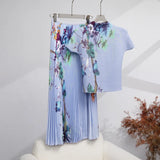 Fashion Set Women's Summer French High-Grade Folding Print Short-Sleeved Top + Loose A Word 100-Fold Long