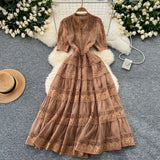Retro Court Dress Women's Waist Thin Temperament Bubble Sleeve Lace Splicing Big Swing Dress