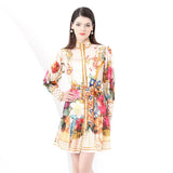 Niche Collar Single Buckle Waist Lantern Sleeve Print Pressure Folding Leaves Side Thin Chiffon