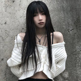 Deeptown Knitted White Sweater Women Vintage Crop Tops Long Sleeve Button Up Cardigan Korean 2021 Autumn Gothic Punk