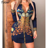 Autumn Women Fashion Elegant Casual Long Sleeve Mini Phoenix Print Button Design Sides Slit Shirt