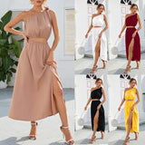 Women's Fashion Slanted Shoulder Bow Set Open Large Pendulum Dress Two Sets Of