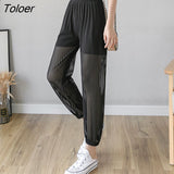 S-3XL Size Women Pants Summer Thin Perspective Loose Mesh Harem Pants Female Sunscreen Casual Black Chiffon