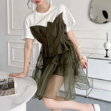 TWOTWINSTYLE Casual Patchwork Fake Two Piece Dress For Women Round Neck Short Sleeve High Waist Summer Dresses Female