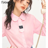Women Shirts 2022 Autumn Long Sleeve Petal Polo Neck Blouse Flower Brooch Pink Purple Chic Casual Streetwear