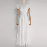 TWOTWINSTYLE Vintage Cut Out Midi Dress For Women V Neck Flying Sleeve High Waist Solid Midi Long Dresses Female Clothing