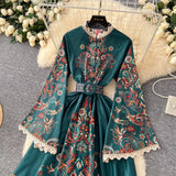 Style Retro Collar Single Buckle Horn Sleeve Long Lace Dress Women Fashion Print Long