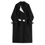 Women Black Color-block Big Size Long Trench New Lapel Long Sleeve Loose Windbreaker Fashion Spring Autumn 2023