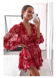 Print Elegant Dress Women 2021 Summer Bohemian Deep V Neck Backless Sexy Dresses Women's Ruffles Long Sleeve Cake