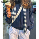 Casual Solid Loose Thin Jackets American Retro Side Stripe Sporty Outwear Autumn Streetwear Pockets Up Zipper