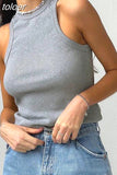 Summer Round Neck Sleeveless Cut Out Sexy Crop Off Shoulder Solid 2023 Skinny Sport Short Tops Female Fashion