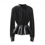 Black Casual Patchwork Ruffle Shirts Female Stand Collar Long Sleeve Gathered Waist Slim Fashion Woman Blouses