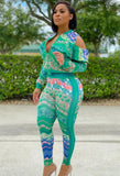 Print Green Cut Out Zipper Jacket and Matching Pants