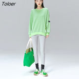 Women Sweatshirts 2022 Spring Long Sleeves O Neck Loose Hoodies Matcha Green Striped Chic Casual