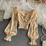 Wooden Ear Print Blouse Holiday Beach Style Slim Fit Pleat Blusas Square Collar Off Shoulder Chiffon Shirt