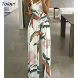 Long Women's Overalls Plants Print Asymmetrical Neck Wide Leg Jumpsuit High Waist Woman Jumpsuit Sleeveless Rompers