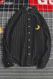 Striped Men's Shirt Long Sleeve Harajuku Japanese Fashion Casual Women Shirts Blouse Autumn Moon Cloud Embroidery