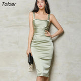 Fashion Summer Retro Skinny Midi Party Club Dress Ladies Elegant Satin Sexy Strap Sleeveless Acetate Bodycon Beach