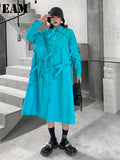 Women Blue Ribbon Big Size Long Shirt Dress New Lapel Long Sleeve Loose Fit Fashion Tide Spring Autumn 2023