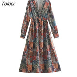 Vintage Women Long Sleeve Printed Dress Casual V-neck Lace-up Floral Long Dress Bohemian Fashion Vacation Beach