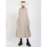Women Khaki Split Pleated Long Dress New Stand Collar Sleeveless Loose Fit Fashion Tide Spring Summer 2023