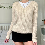 Sweetown Autumn Winter 2021 Knitted Pullovers Solid Preppy Style V Neck Lantern Sleeve Sweaters For Women Fashion Casual