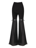 Fashion Women Pant High Waist Knee Strap Splited Medium Strecth Black Knit Floor-length Flare Pants Summer 2023 New
