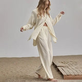 Loose Women Trouser Suits Short Sleeve Shirt With High Wasit Pants 2 Piece Sets Spring Pleated Elegant Brown Lady