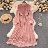 Autumn Purple/Red/Yellow Pleated Dress Women Vintage Stand Collar Puff Sleeve High Waist Draped Vestidos Female Midi Robe