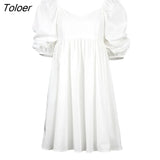 Sexy Blue Mini Dress Women Square Neck Short Puff Sleeve Female White Dress High Waist Loose A Line Dresses 2022