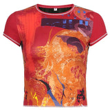 Rockmore Vintage Print Top Women Short Sleeve T-shirt Grunge Casual Basic Tee Aesthetic Streetwear E Girl O Neck T Shirt